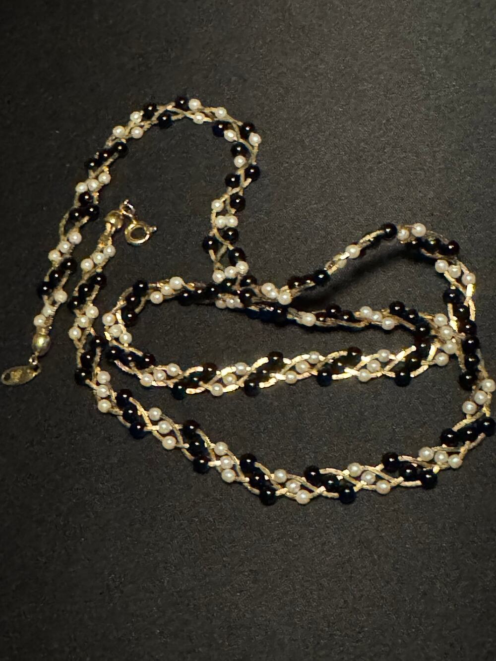 Vintage Trifari Gold Tone Black White Beads 23in Necklace